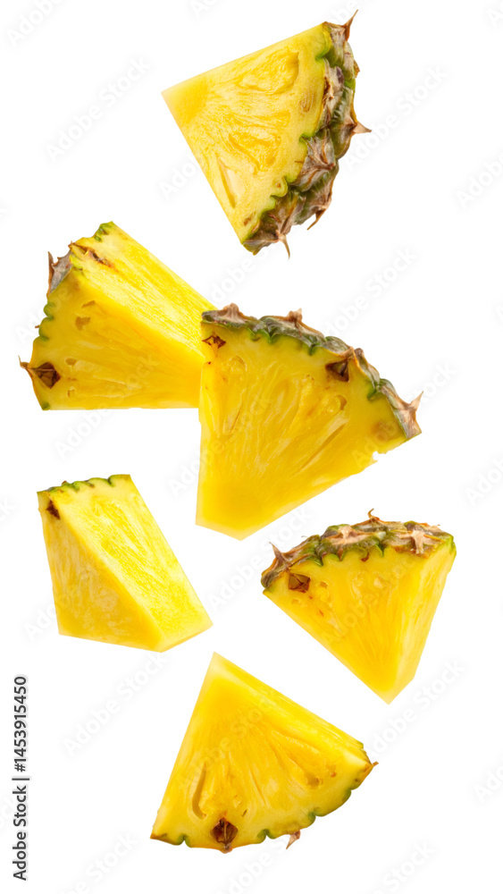 Poster multiple pineapple chunks hovering on transparent background