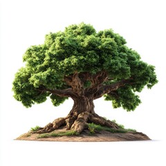 Majestic Verdant Oak Tree with Thick Trunk and Lush Green Foliage