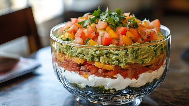 Delicious layered seven layer dip recipe with fresh tomatoes guacamole and cheese food bowl meal