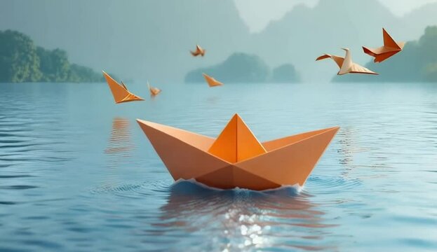 ia generated. paper ship sailing in water