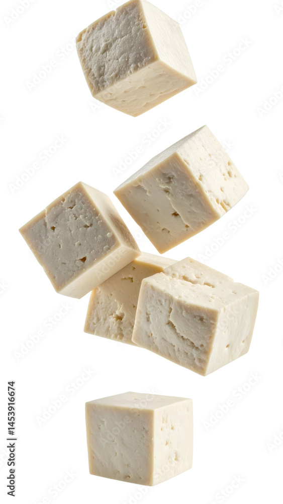Poster multiple tofu cubes falling with realistic texture and natural lighting on transparent background