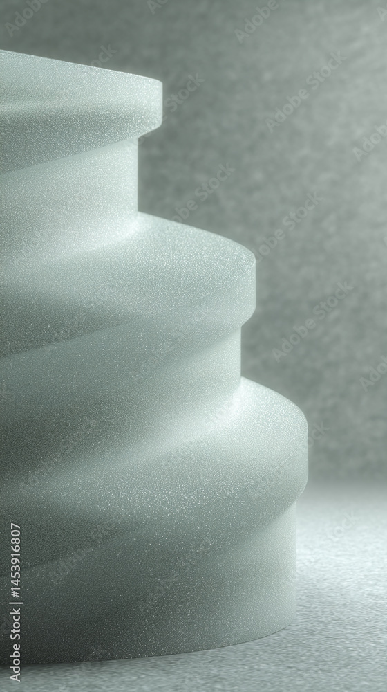 Poster textured light-green cylindrical podium, layered and curved, set against a matching backdrop, ideal 
