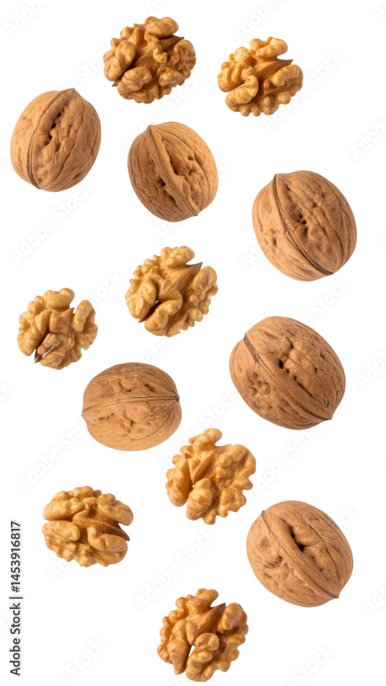 Poster walnuts with shell and peeled walnuts falling on transparent background