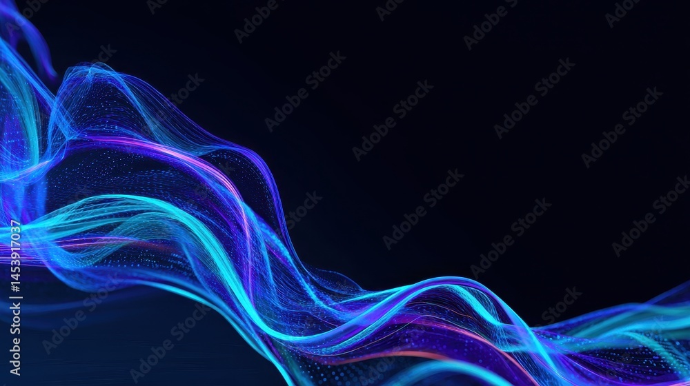 Poster abstract flowing waves of blue and purple light against a dark background, creating a dynamic visual