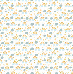 Cute colorful cloud smiling face seamless pattern background with yellow star glow, white repeating vector illustration
