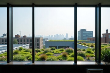 Interior View Through Large Windows Showing a Lush Green Roof Garden on Adjacent Building for Sustainable Urban Architecture Concepts