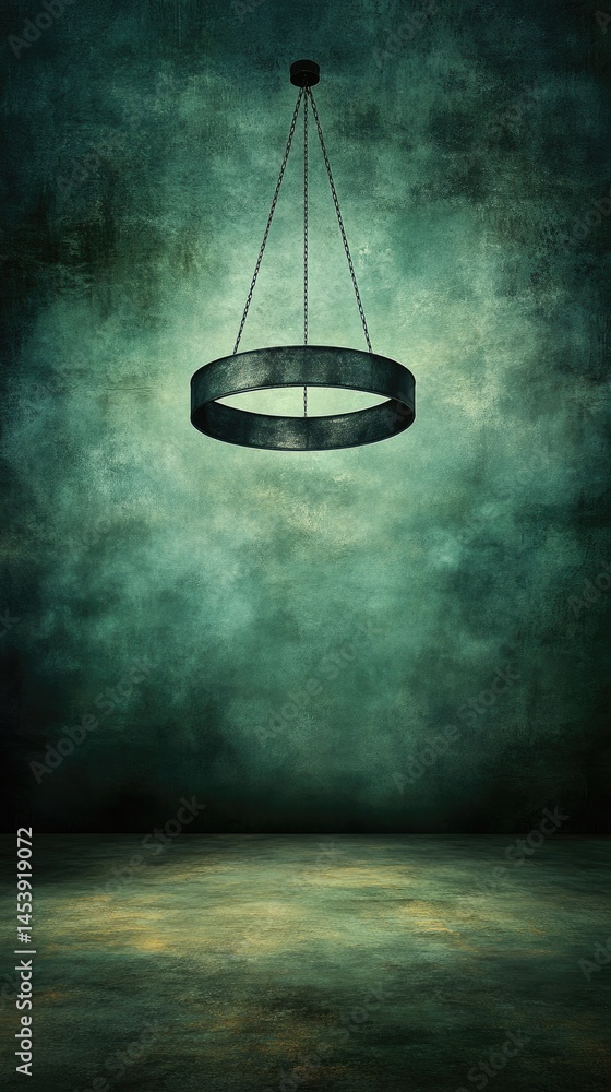 Poster ring-shaped light fixture hangs in a grungy room with a teal backdrop and textured floor