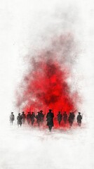 Procession of figures surrounded by red smoke on a bright white backdrop