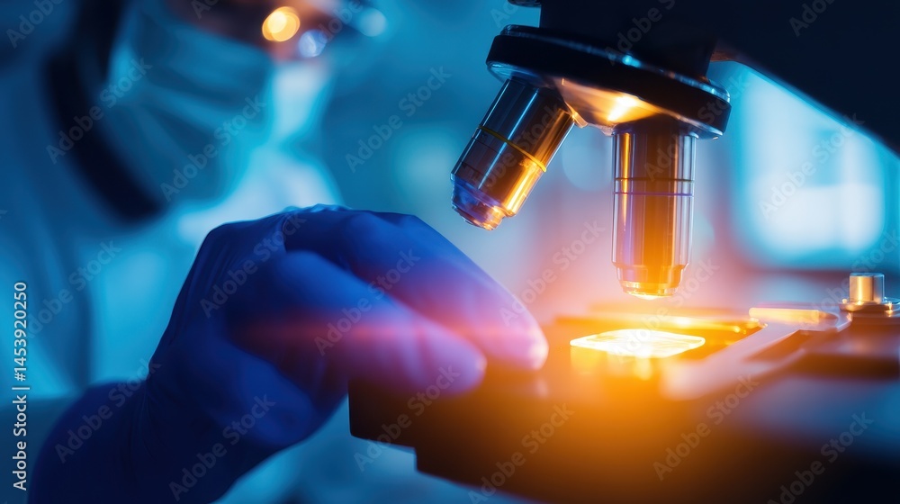 Aufkleber scientist examining samples under a microscope in a laboratory with glowing slides and blue lighting