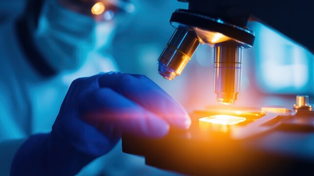 Scientist examining samples under a microscope in a laboratory with glowing slides and blue lighting