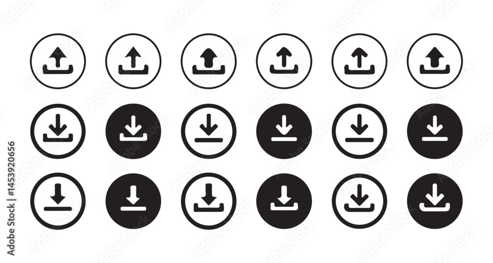 Poster download and upload icon buttons set. files download and upload icons symbol in line and flat style 