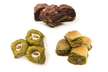 Turkish pistachio baklava isolated on white background.
