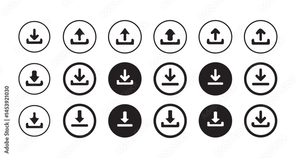 Poster download and upload icon buttons set. files download and upload icons symbol in line and flat style 