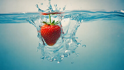 Fresh red strawberry, a healthy fruit, makes a sweet splash as it is dropped into clear water, creating bubbles and a feeling of freshness