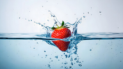 Fresh red strawberries falling and splashing in clear water
