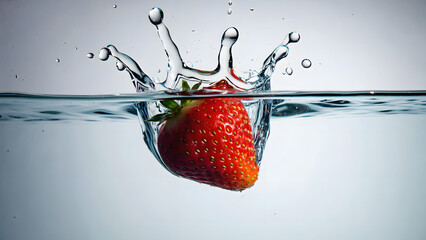 Red strawberries splash into fresh water, a vibrant and healthy fruit drop