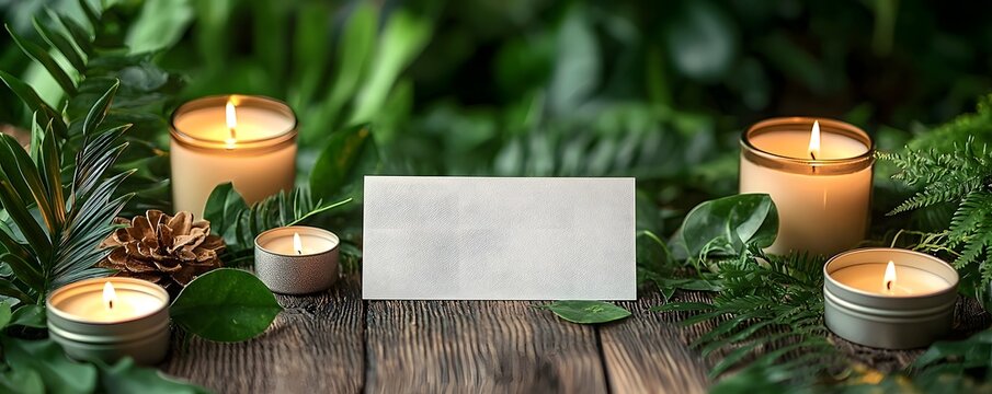 Blank white gift card with eco friendly candles and lush greenery