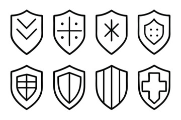 Eight uniquely shaped black and white shields stand side by side on white background