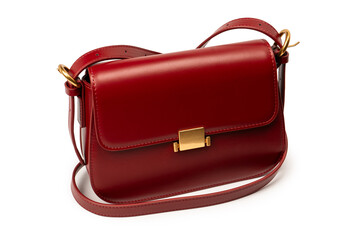 Burgundy shoulder leather bag isolated on white background.