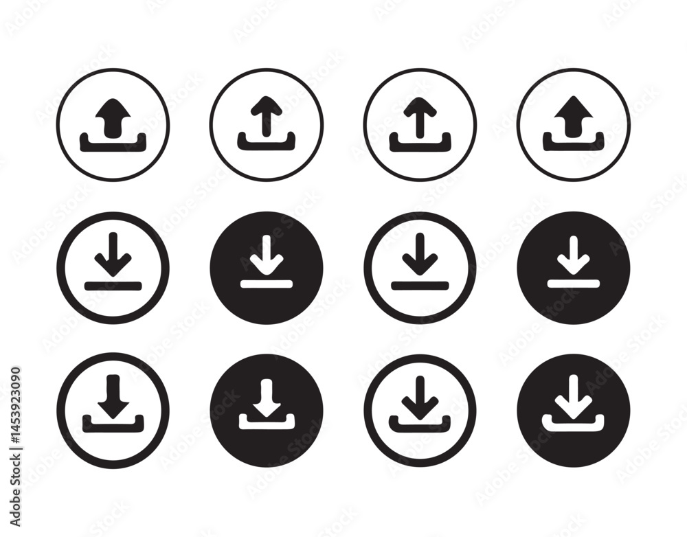 Poster download and upload icon buttons set. files download and upload icons symbol in line and flat style 