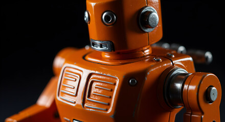 Fototapeta premium Vintage Orange Tin Robot Close-up, Dark Background