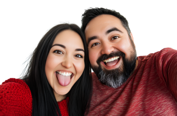 A happy couple taking a selfie, isolated on a transparent background. The woman is wearing a red sweater and has long black hair and brown eyes.