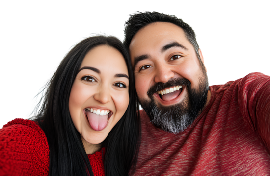  A happy couple taking a selfie, isolated on a transparent background. The woman is wearing a red sweater and has long black hair and brown eyes.