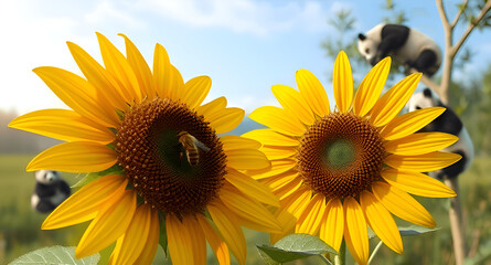 sunflower and bee, with panda in background