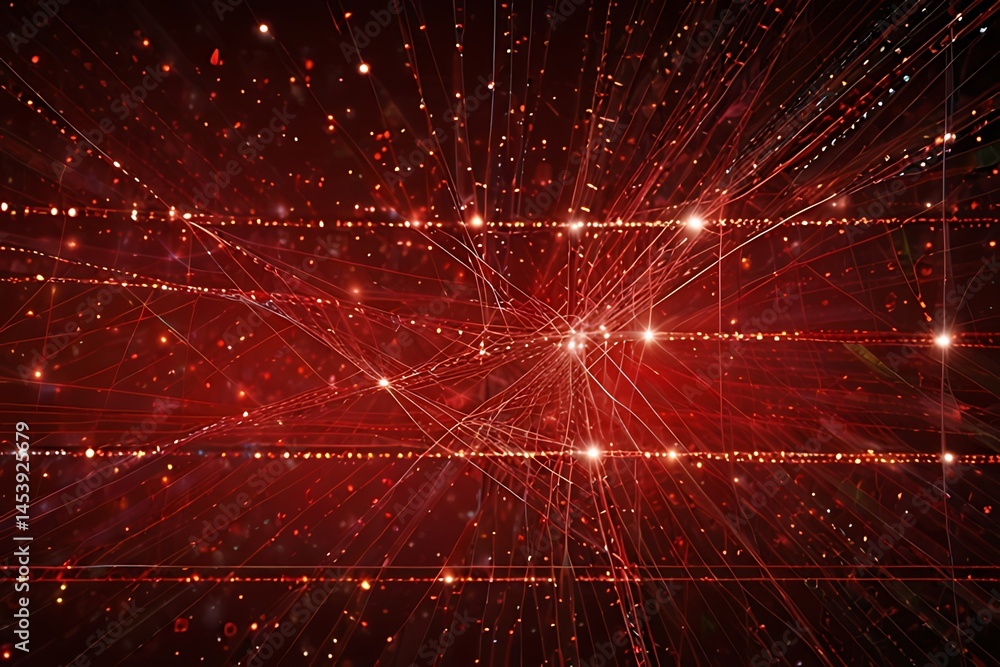 Poster bright red digital backdrop with a shiny star pattern creates a futuristic and technological illustr