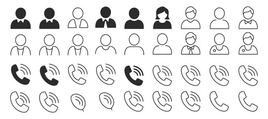 Avatar and phone icon collection in outline and silhouette versions perfect for enhancing user interface design, social media profiles, and contact-related features

