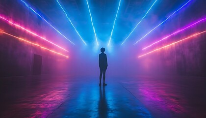 Silhouette figure in a vibrant neon light environment.
