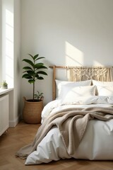Serene bedroom interior with minimalist decor, featuring a cozy bed dressed in crisp white linens and a soft beige throw blanket, complemented by a woven wall hanging and a lush potted plant