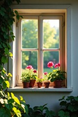 Naklejka premium Sunlight illuminates vibrant potted flowers on a windowsill, overlooking a serene garden scene.