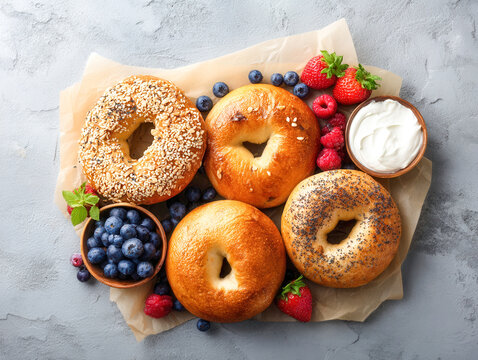 Assorted bagels with fresh berries, including strawberries, blueberries, raspberries, and cream cheese