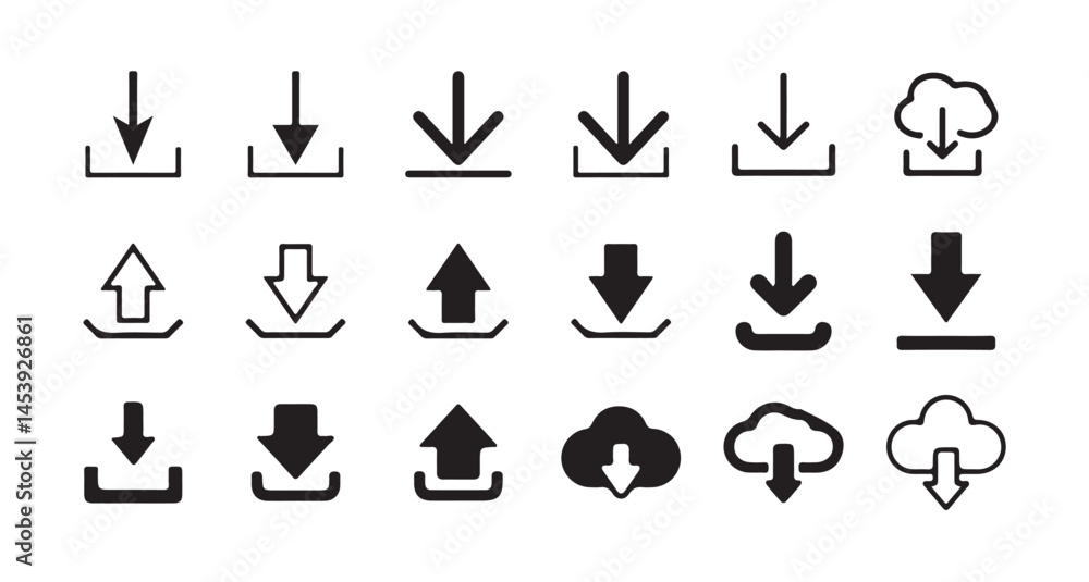 Poster download upload button icon. upload icon. down arrow bottom side symbol. click here button.cloud dow