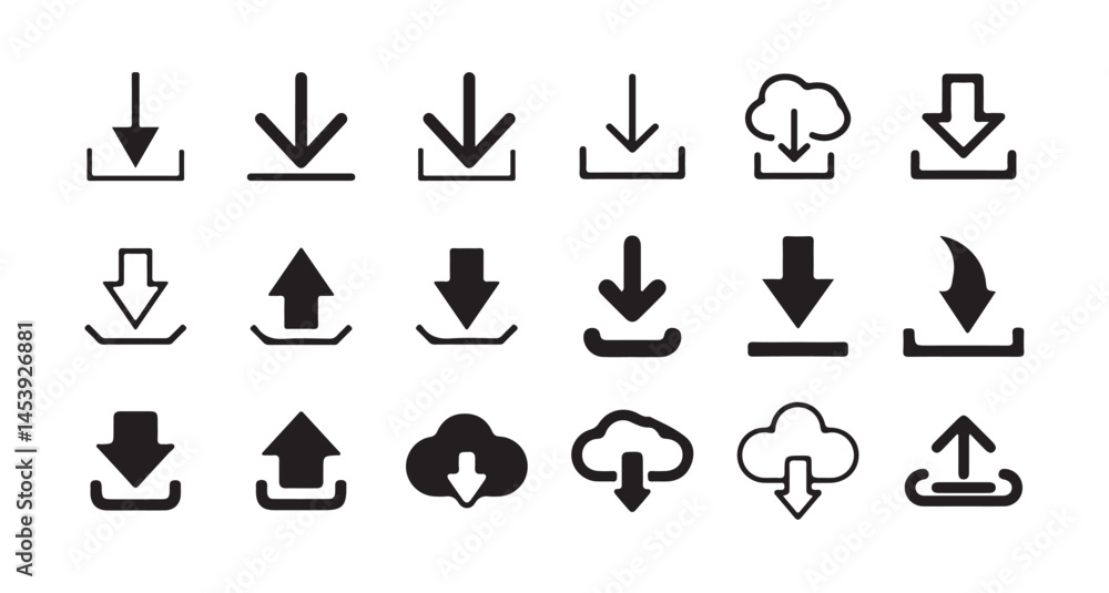 Poster download upload button icon. upload icon. down arrow bottom side symbol. click here button.cloud dow