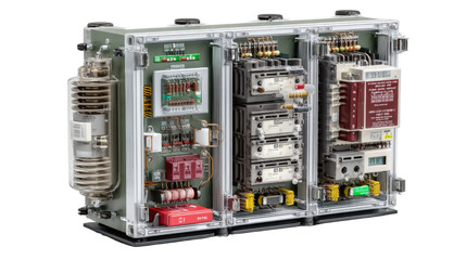 Industrial Electrical Component: An intricate, highly detailed shot showcases a robust industrial electrical component, highlighting the inner workings of the system in a well-lit setting. 