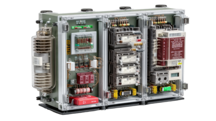 Industrial Electrical Component: An intricate, highly detailed shot showcases a robust industrial electrical component, highlighting the inner workings of the system in a well-lit setting. 