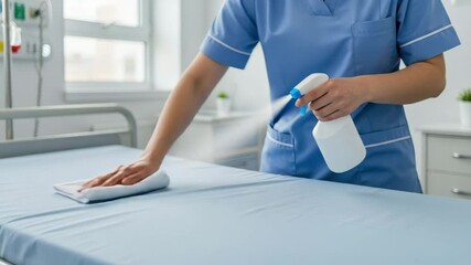 A healthcare worker cleans a hospital bed with disinfectant to ensure hygiene