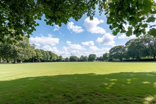 A wide, green field is lined with trees under a blue sky with white clouds