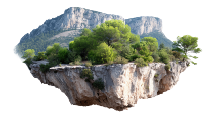 Enchanted Island: A majestic floating island, crowned with lush greenery and imposing mountain formations, evokes a sense of wonder and fantasy. A surreal landscape.