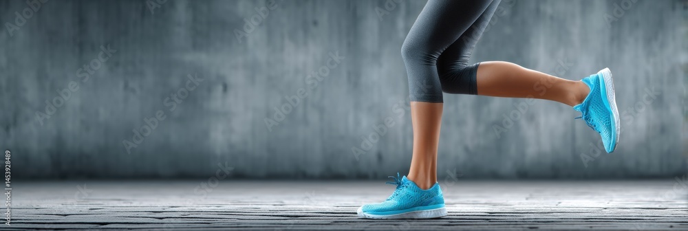 Leinwandbilder female athlete displaying impressive speed and grace while running in vibrant blue sneakers against 
