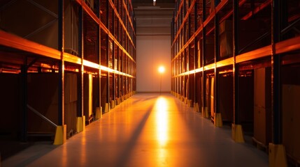 Fototapeta premium Dimly lit warehouse aisle with shelves stacked with boxes and a warm light illuminating the end