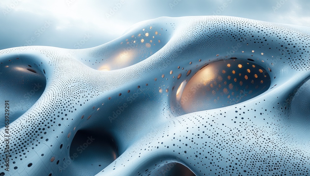 Poster abstract architectural structure with intricate patterns and glowing interiors.