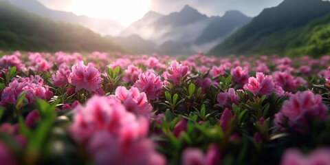 Fototapeta premium Lush pink flowers blanket field, mountains and misty sunlight backdrop. Serene view