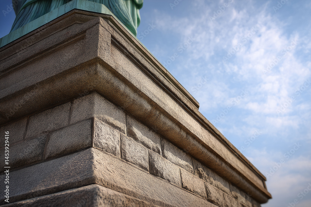 Poster close-up of stone base, detailed texture, layered stone blocks, showing craftsmanship, representing 