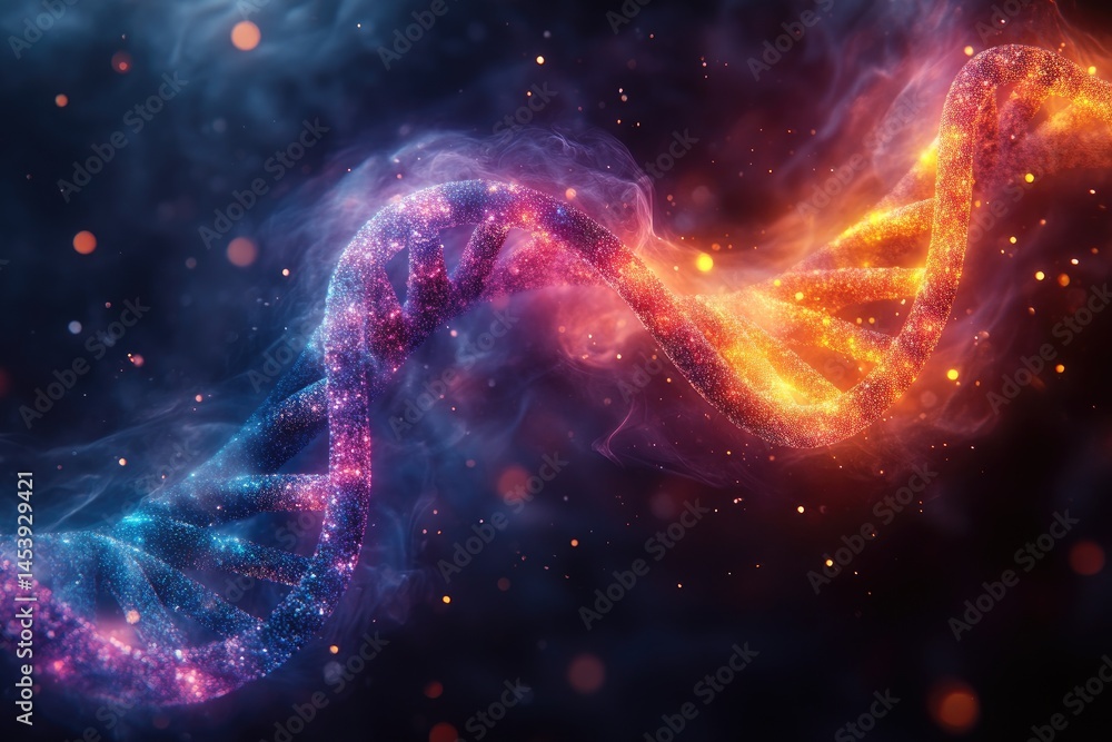 Poster a vibrant depiction of a double helix structure within a cosmic backdrop.