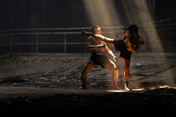 Muay Thai, Bare Knuckle Fighting street kick boxing fighters fighting action, Thai fight boxing