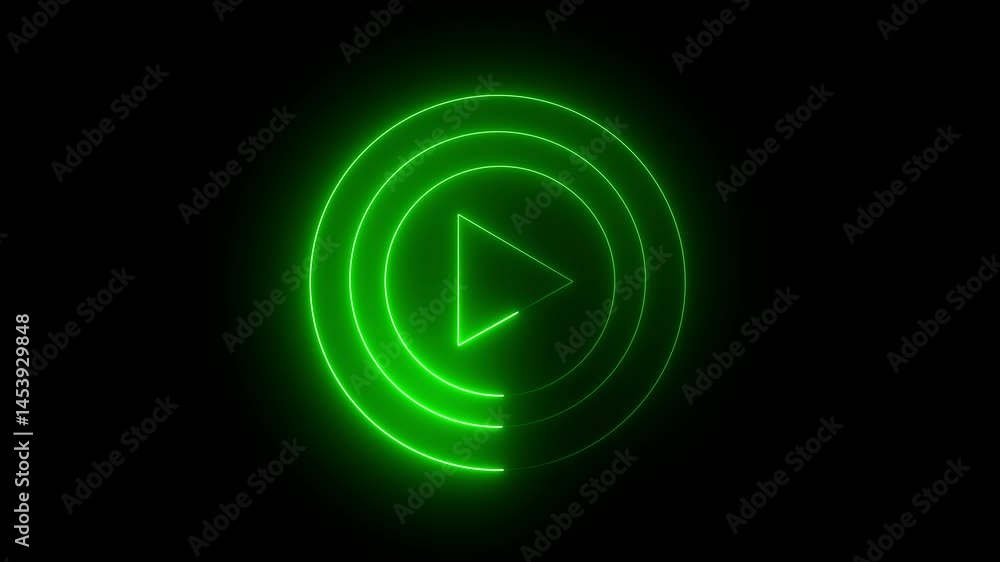 Poster play button on black background. start button. neon glowing play button with neon circle. 4k motion 