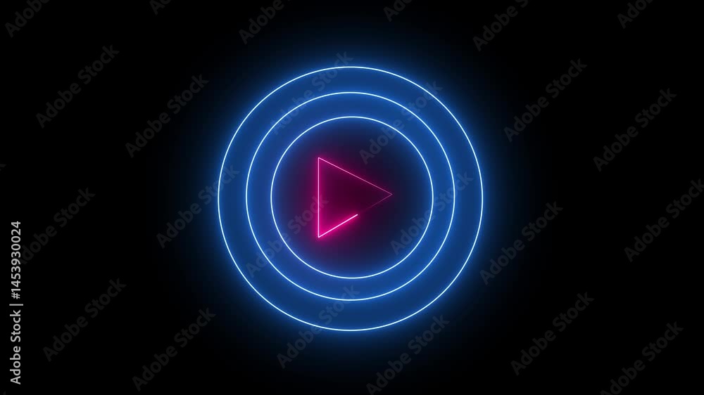 Poster play button on black background. start button. neon glowing play button with neon circle. 4k motion 